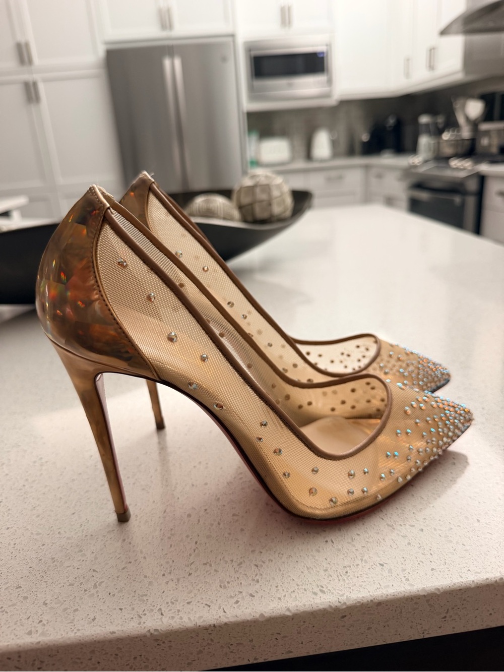 Christian Louboutin Nude Mesh Crystal-Studded Pointed-Toe Pumps